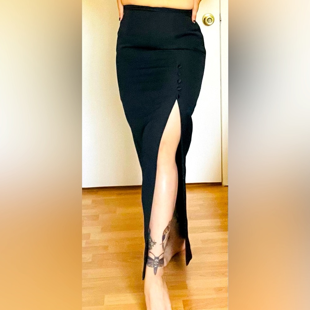 Hollywood Glam vintage 80s 90s high waist slit opening elegant Black dress skirt